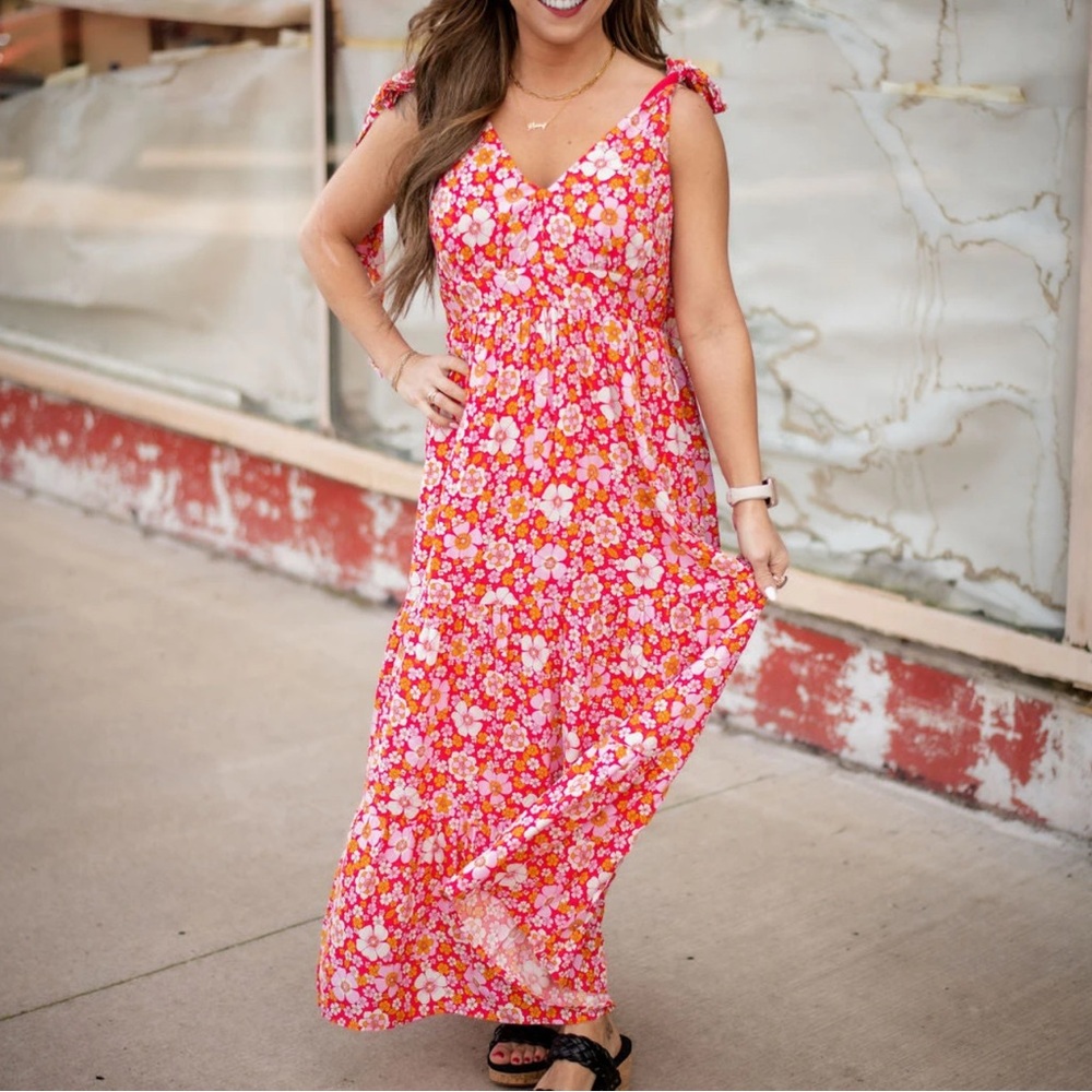 Floral Maxi Dress in Red and Pink